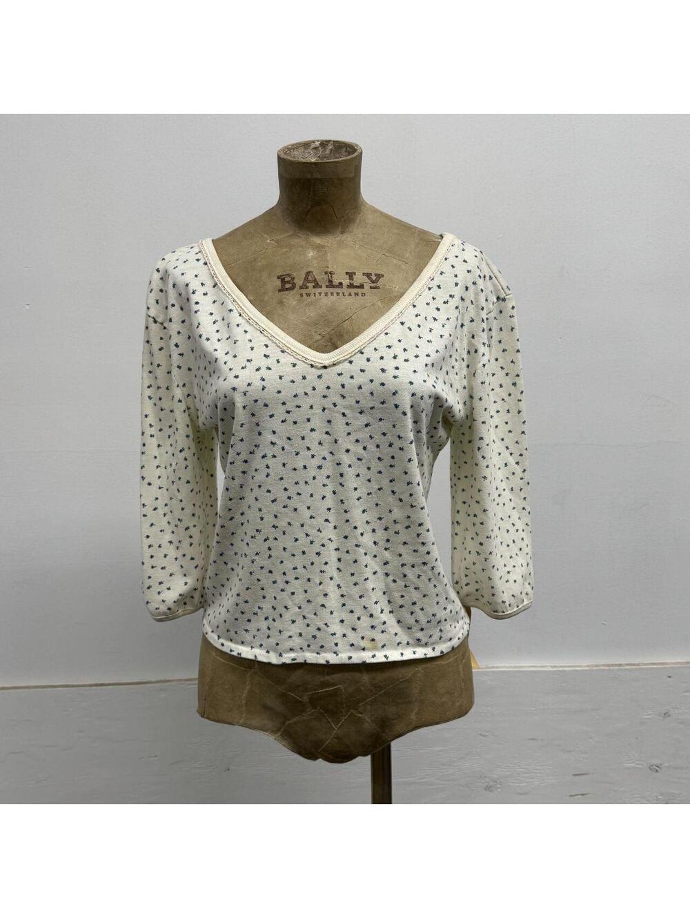 Vintage 1970s Cream Ditsy Floral Pointelle Rib Knit V-Neck Babydoll Top